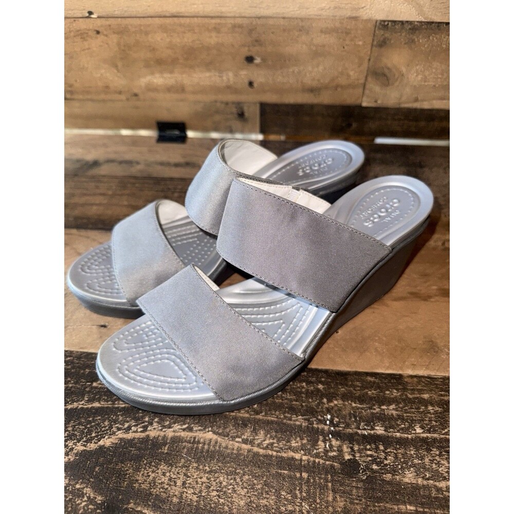 Crocs Sandals Leigh II 2 Strap Wedge Gray Woman's Comfort Sz 9